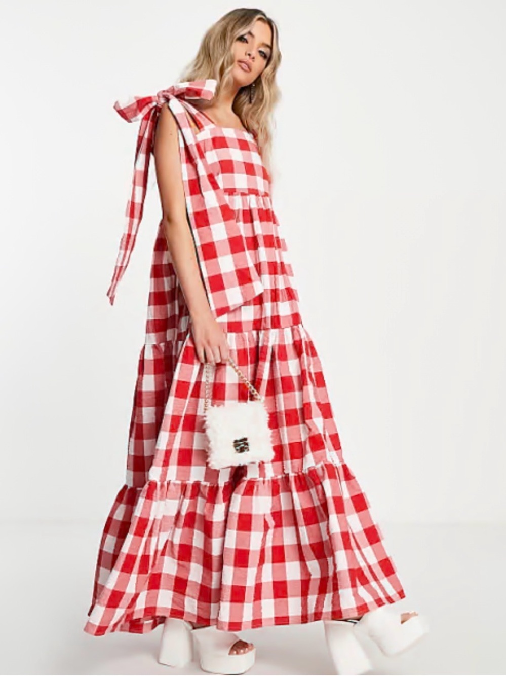 Sister Jane Red and White Gingham Tie-Shoulder Tiered Maxi Dress